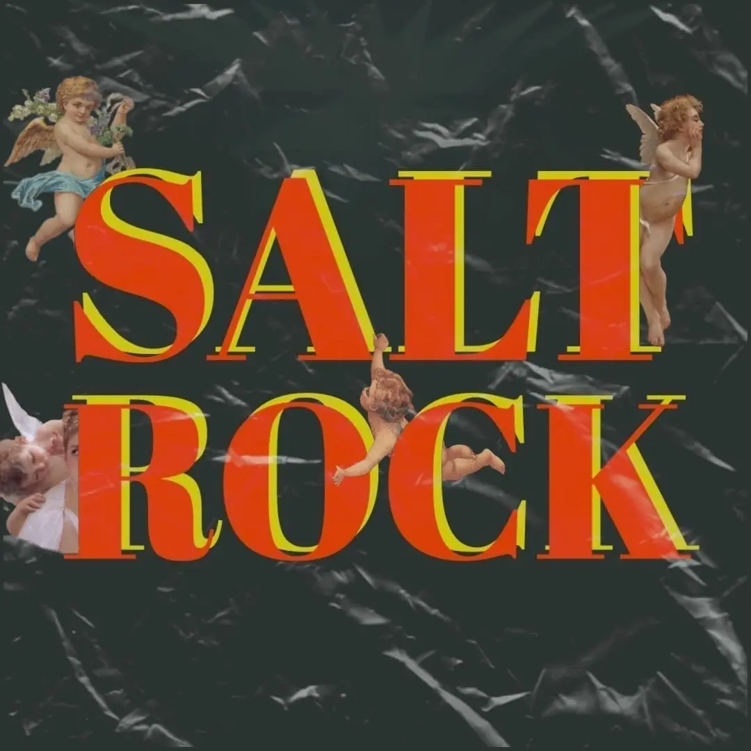 The Salt Rock logo: red serif lettering with Baroque cherubs on crinkled black plastic