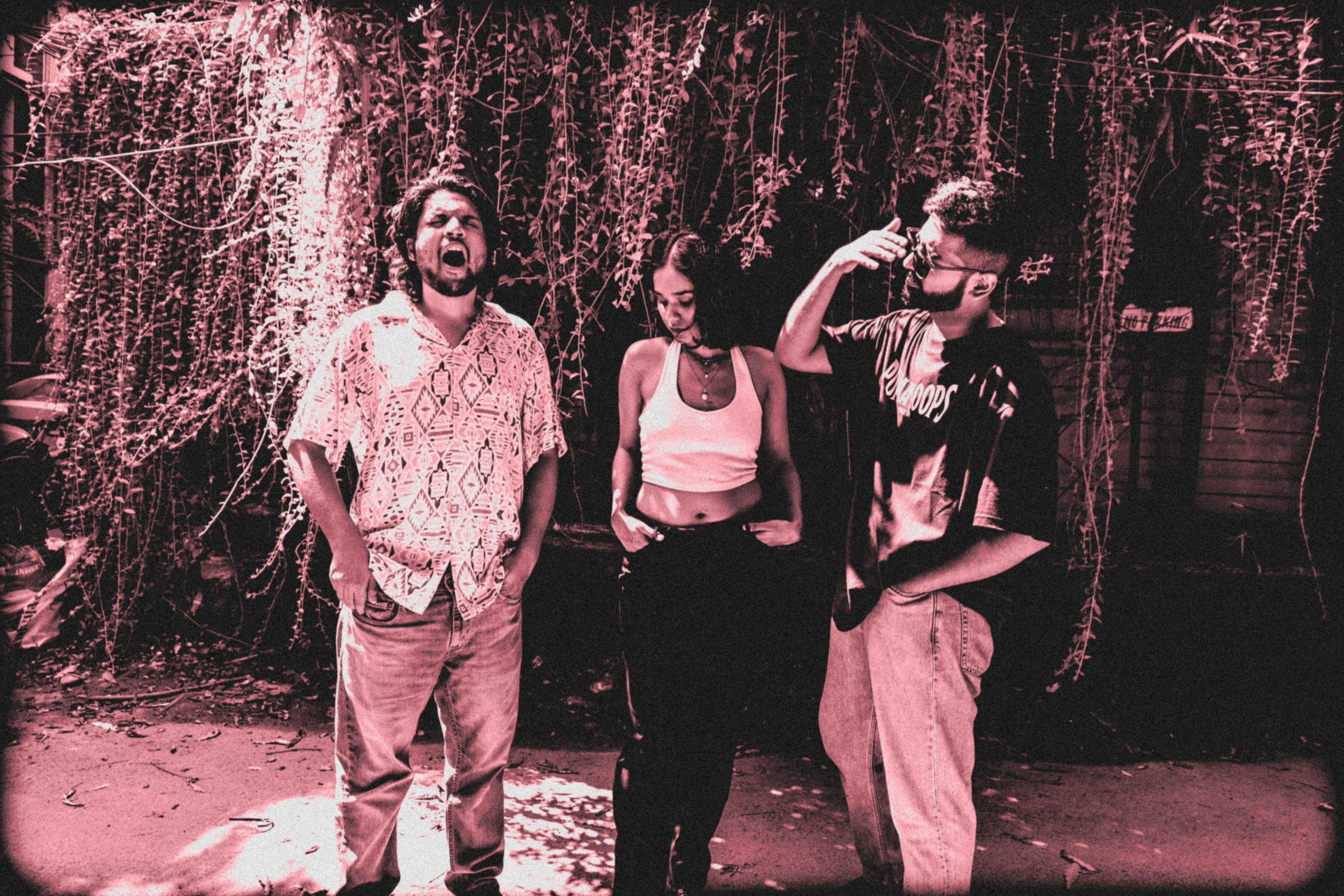 The band screaming, posing and grinning against a wall of vines